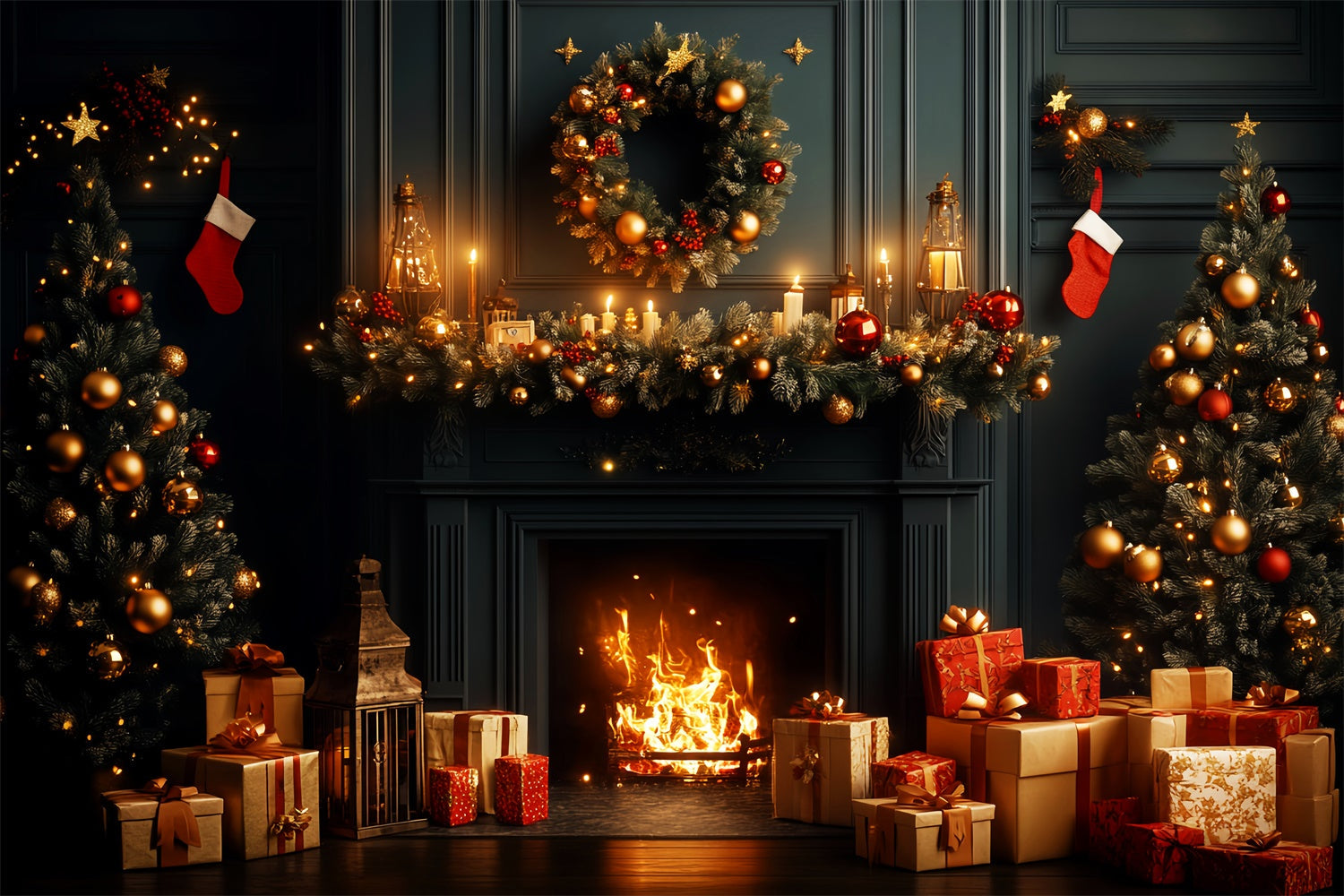 Vintage Weihnachten Backdrop Festlicher Kranz Mantel Backdrop LXX57-228