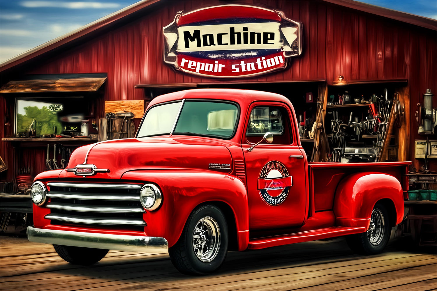 Retro-Fotohintergrund Rotes Garagenfahrzeug Vintage-Hintergrund LXX57-229