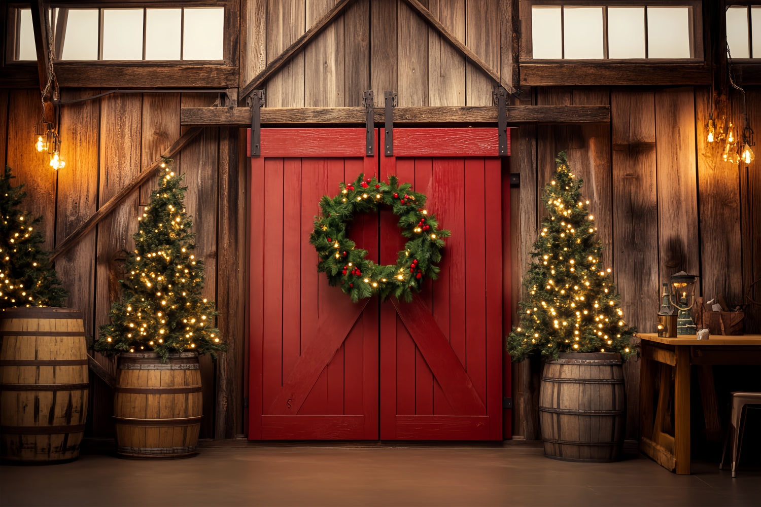 Scheunentür-Hintergrundkulisse Gemütliches Interieur Weihnachts Foto Hintergrund LXX57-376