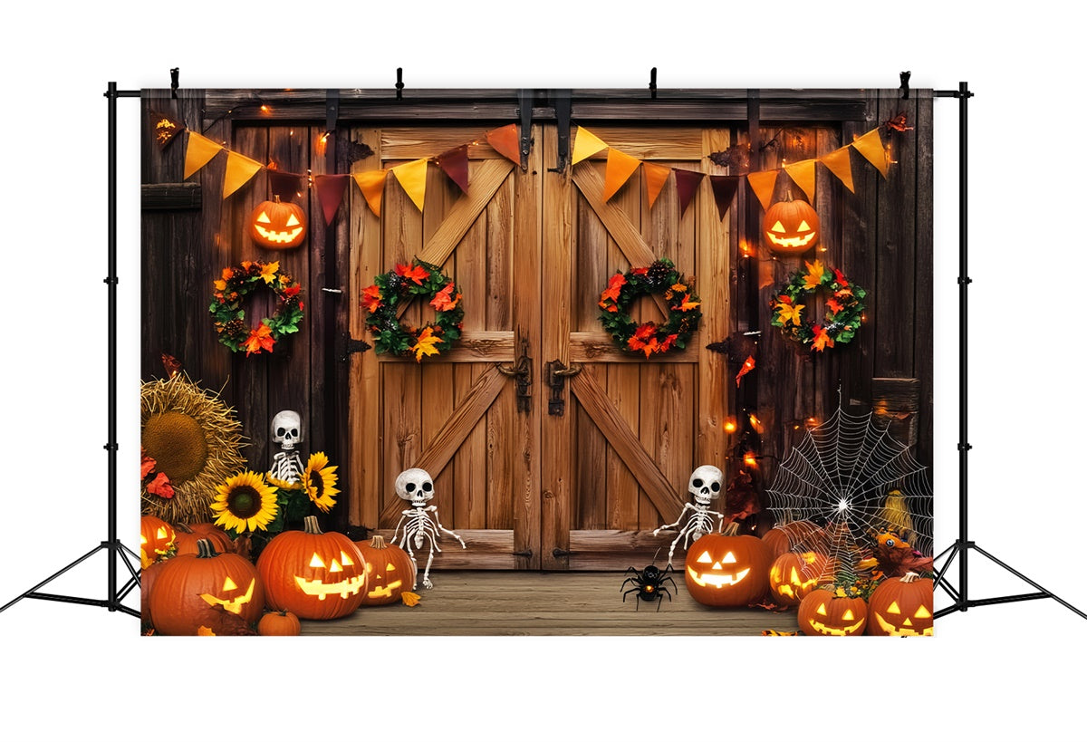 Scheunentür-Hintergrundkulisse Skelett Veranda Halloween Foto Hintergrund LXX57-400