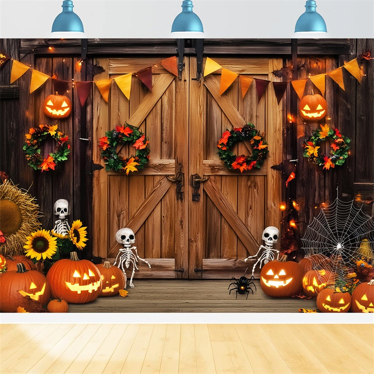Scheunentür-Hintergrundkulisse Skelett Veranda Halloween Foto Hintergrund LXX57-400