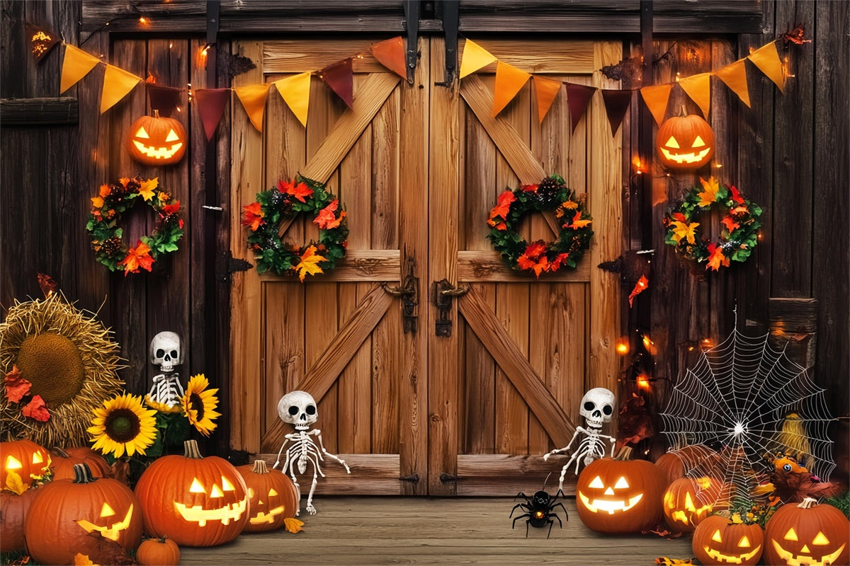 Scheunentür-Hintergrundkulisse Skelett Veranda Halloween Foto Hintergrund LXX57-400