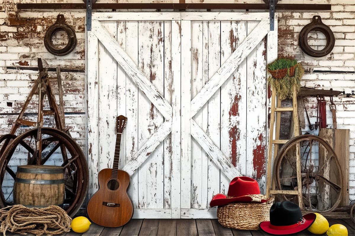 Rustikale Scheune Backdrop Gitarre Bauernhof Werkzeuge Foto Hintergrund LXX57-405