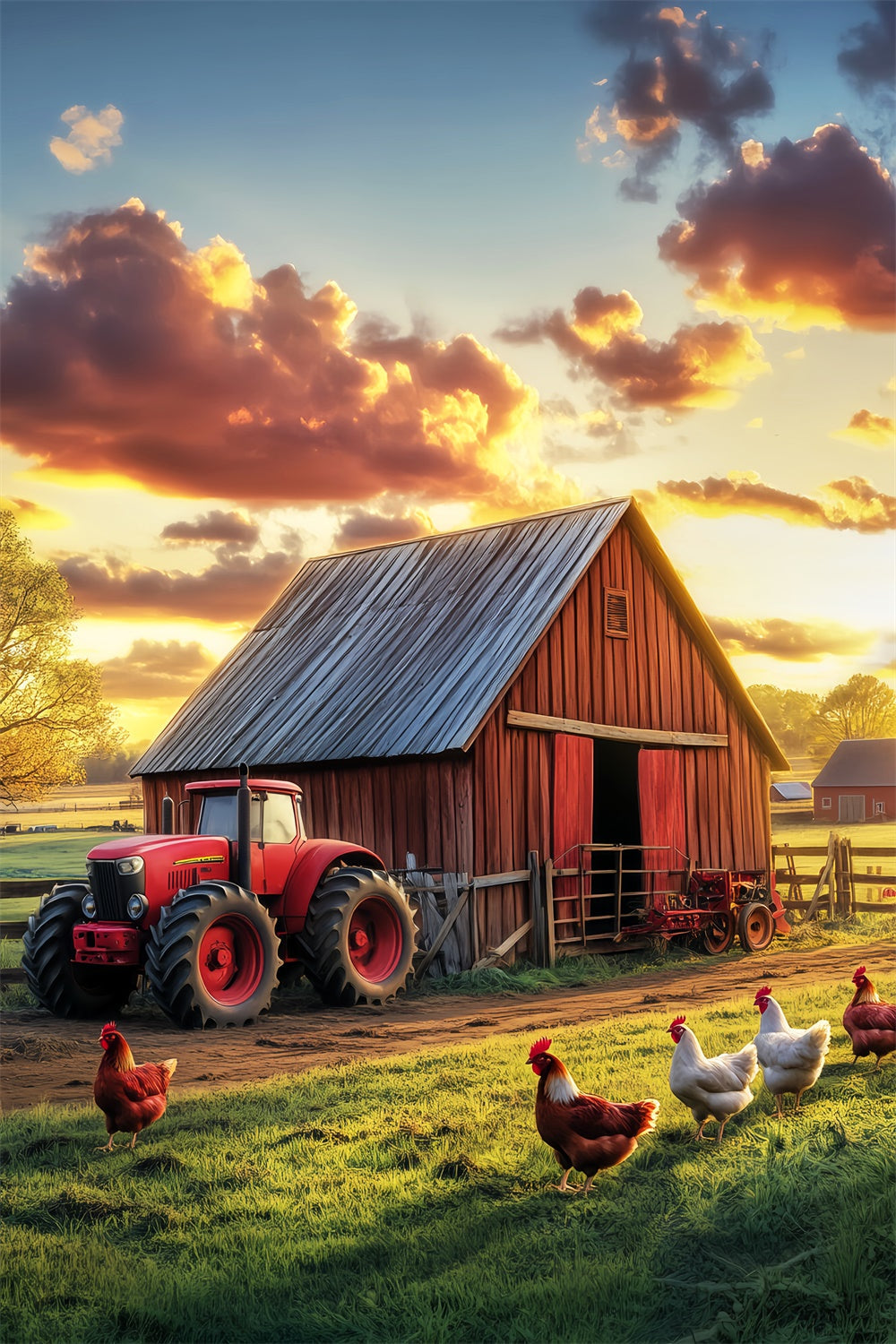 Rustikale Scheune Kulisse Hühnerfarm Sonnenuntergang Foto Hintergrund LXX57-416