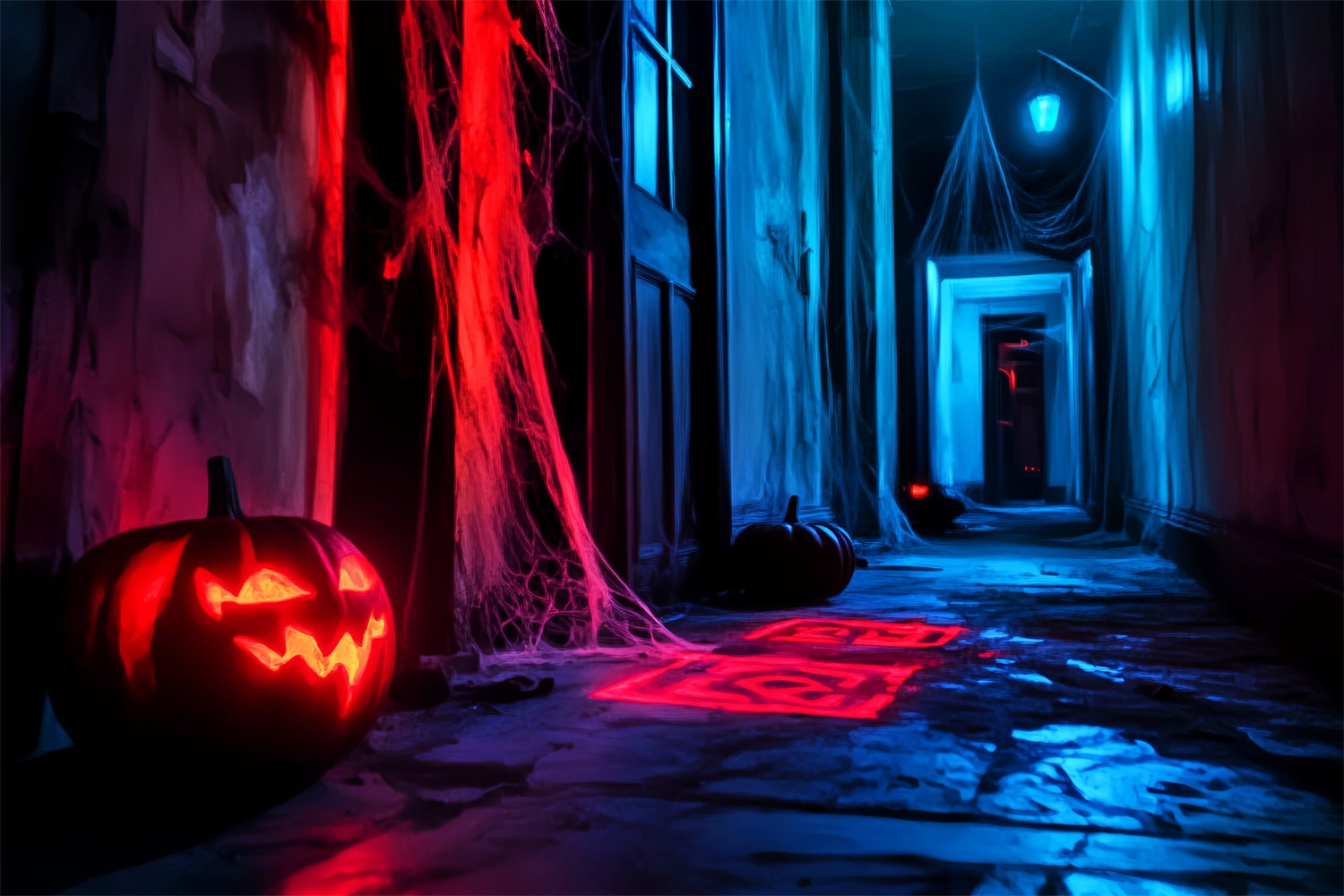 Gespenstische Halloween-Hintergrundkulisse Unheimliche Neon-Hintergrundkulisse für den Flur LXX57-79