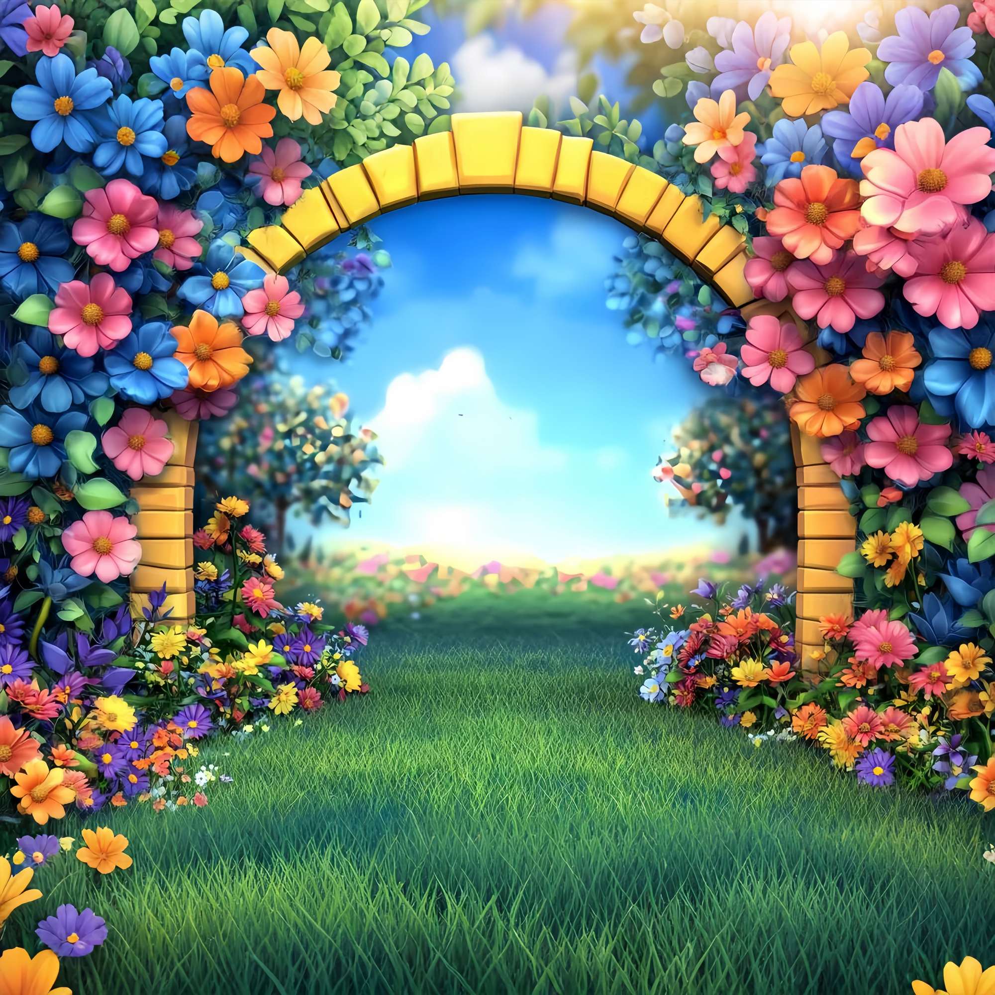 Vorschule Fotohintergrund Cartoon Garten Bogen Bunte Blumen Zurück zu Schule Fotohintergrundbilder LXX58-138