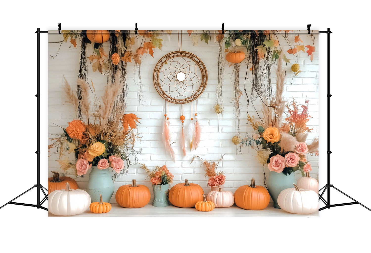 Herbst-Foto Hintergrund Rustikaler Kürbis Traumfänger Display Boho-Foto Hintergrund LXX58-155