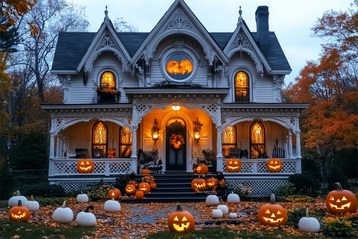 Spukhaus Hintergrundkulisse Kürbis Weißes Herrenhaus Foto Hintergrund LXX58-17