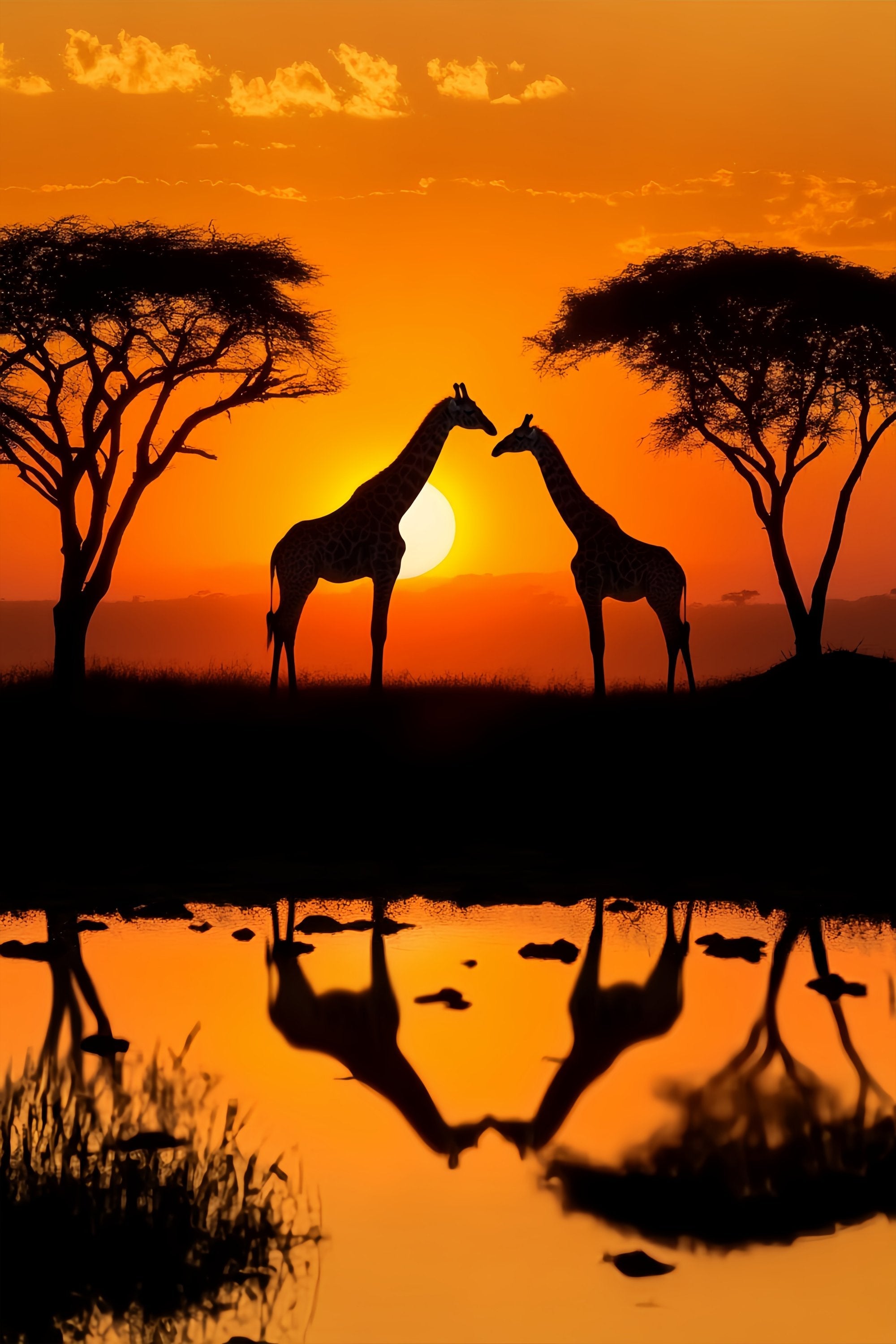 Herbst-Fotokulisse Ideen Giraffe Sonnenuntergang Wasser Reflexion Sonnenuntergang Foto Hintergrund LXX58-175