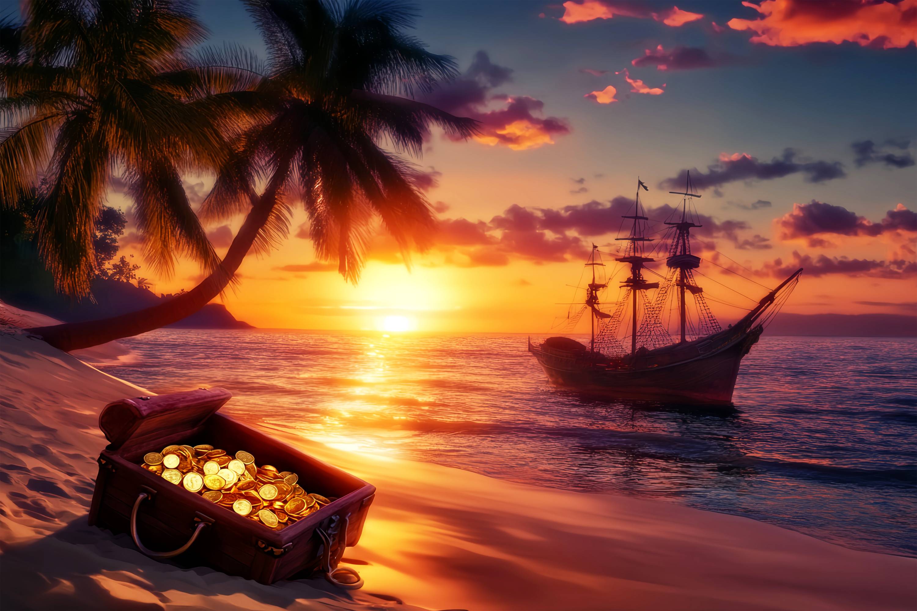 Herbst-Foto Hintergrund Piratenschiff Schatz Sonnenuntergang Sonnenuntergang Foto Hintergrund LXX58-177