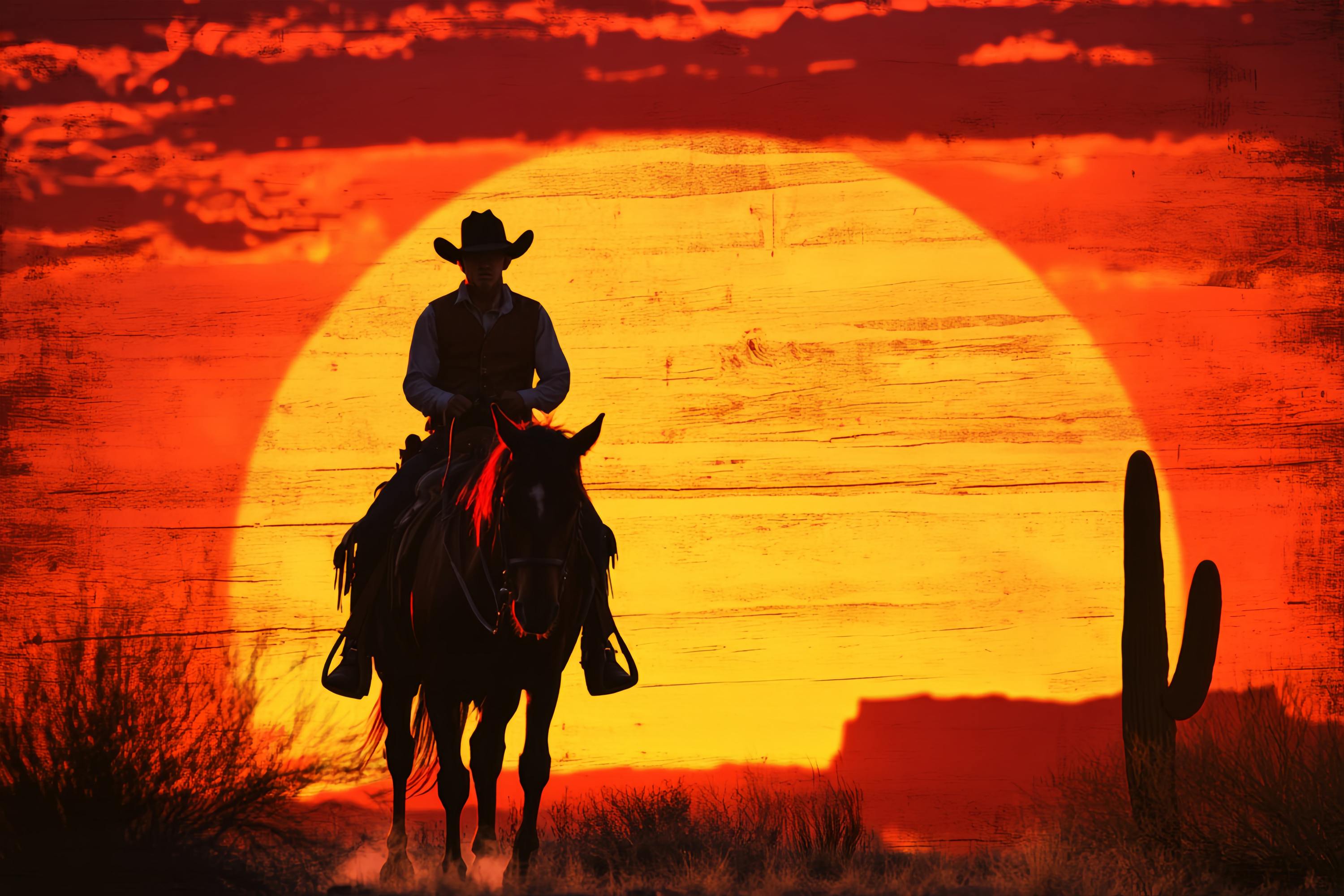 Herbst-Foto Hintergrund Cowboy Silhouette Feuriger Sonnenuntergang Cowboy-Foto Hintergrund LXX58-186