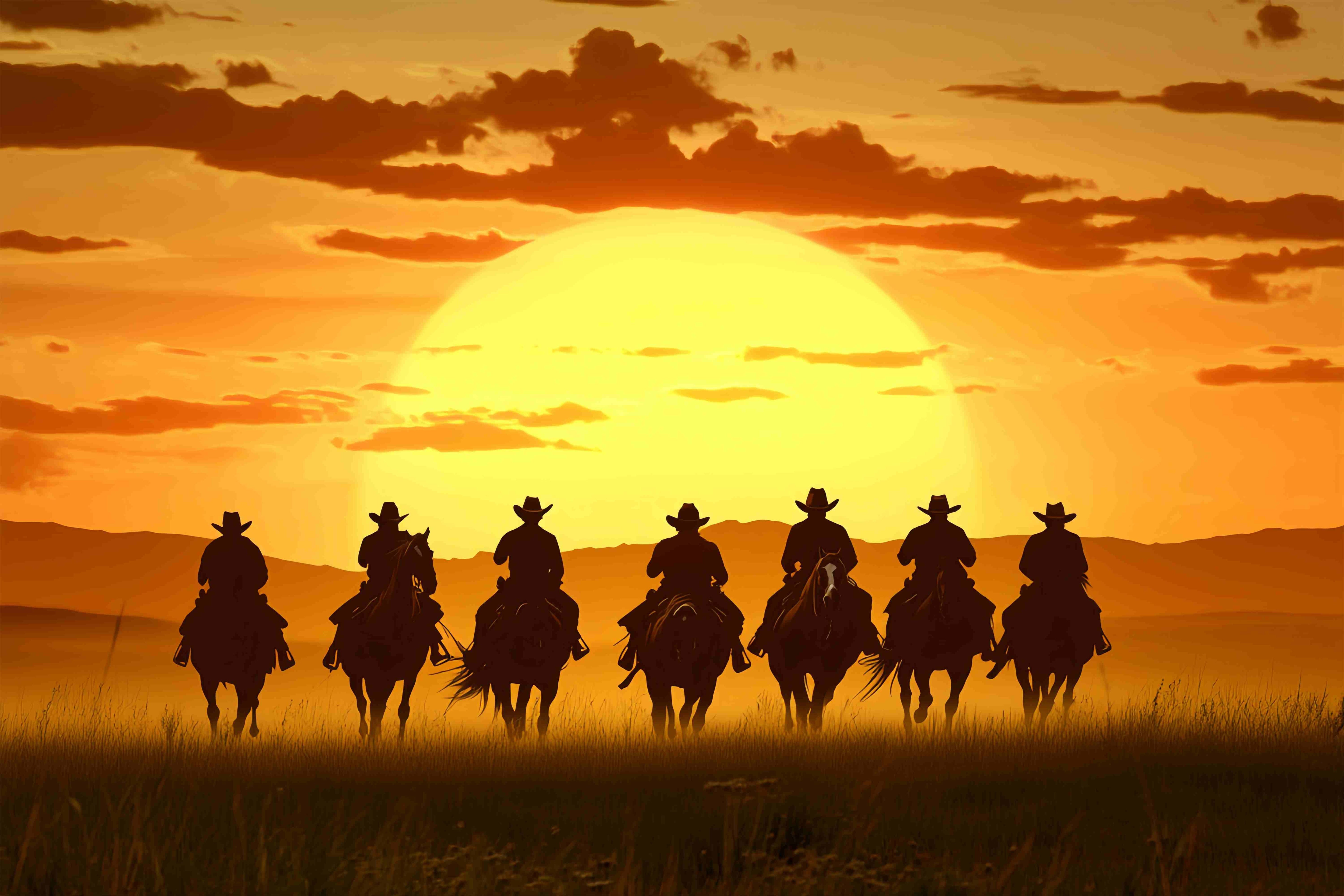 Herbstkulisse Reiter Silhouetten Goldener Horizont Cowboy Kulisse LXX58-187