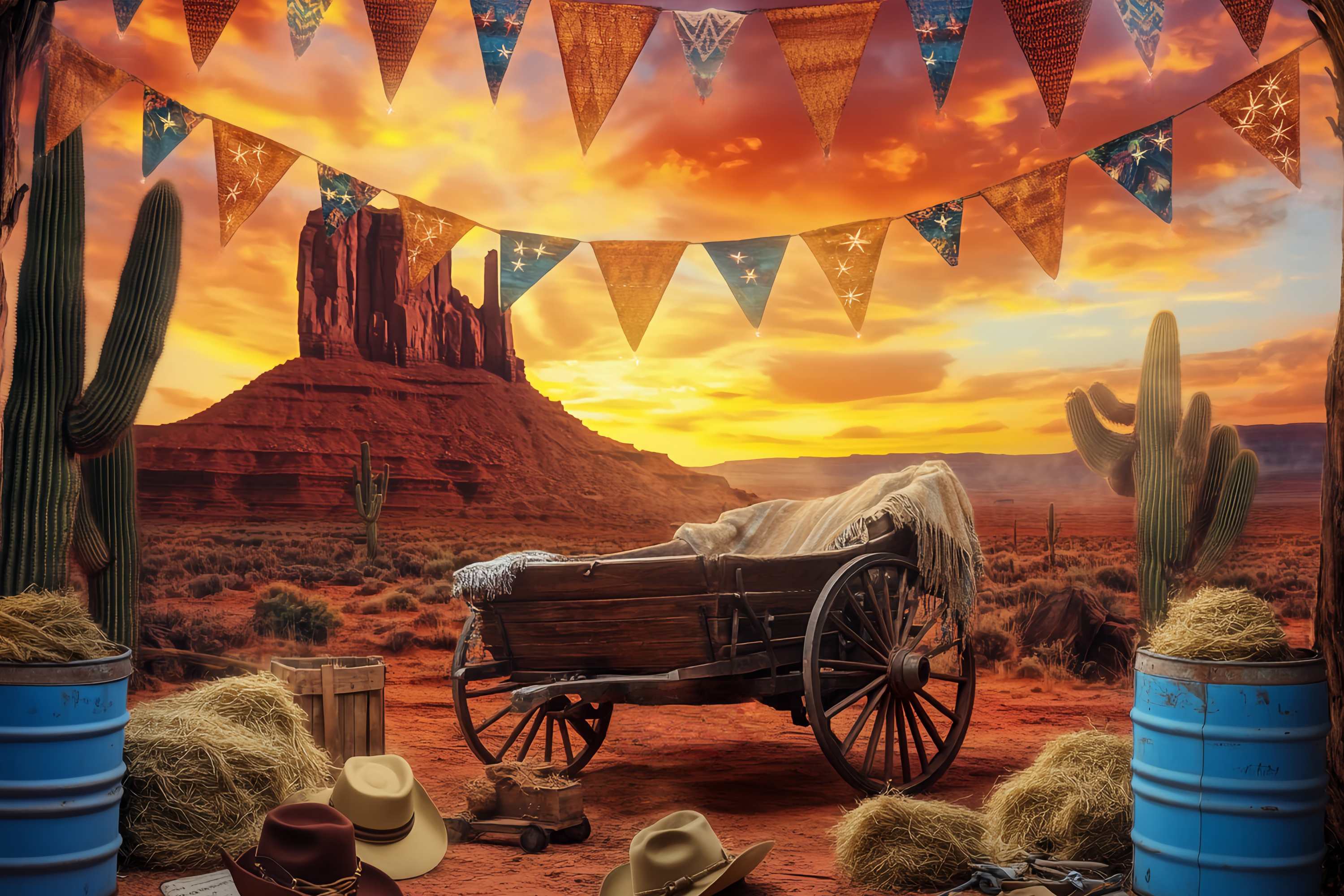Herbst Fotokulissen Sonnenuntergang Wüste Wagon Kaktus Western Foto Hintergrund LXX58-190