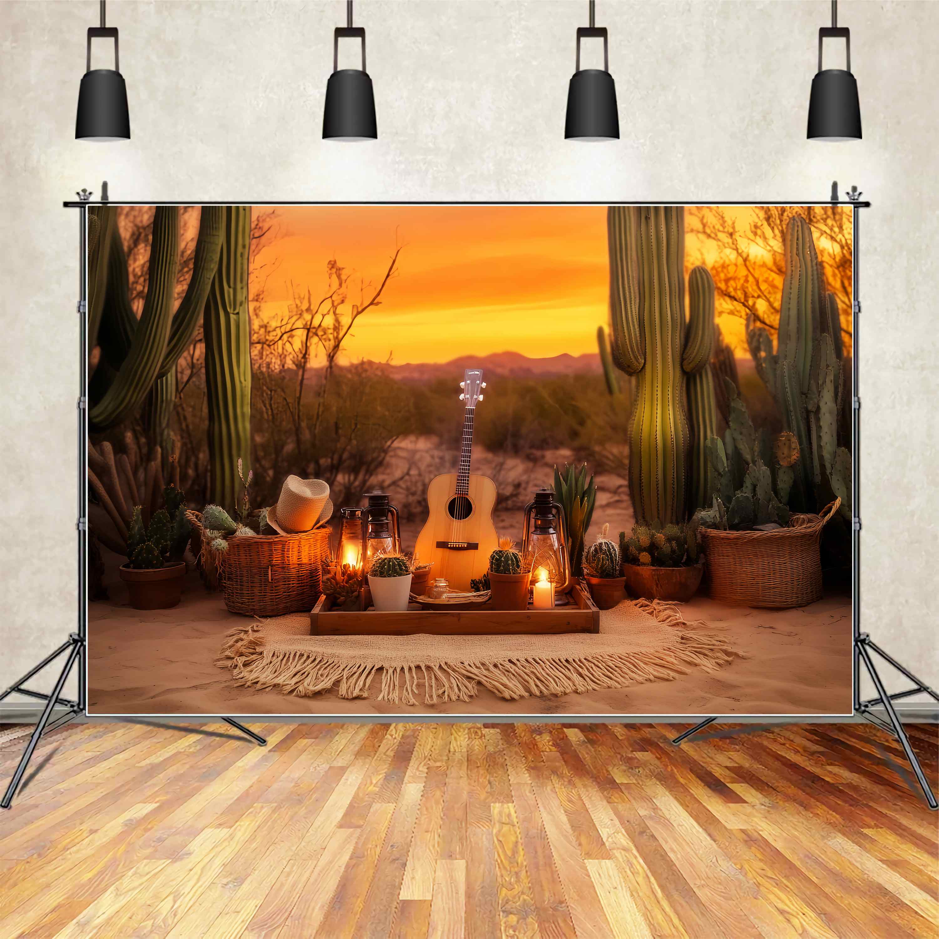 Herbst-Foto Hintergrund Sonnenuntergang Kaktus Picknick Arrangement Cowboy-Foto Hintergrund LXX58-194