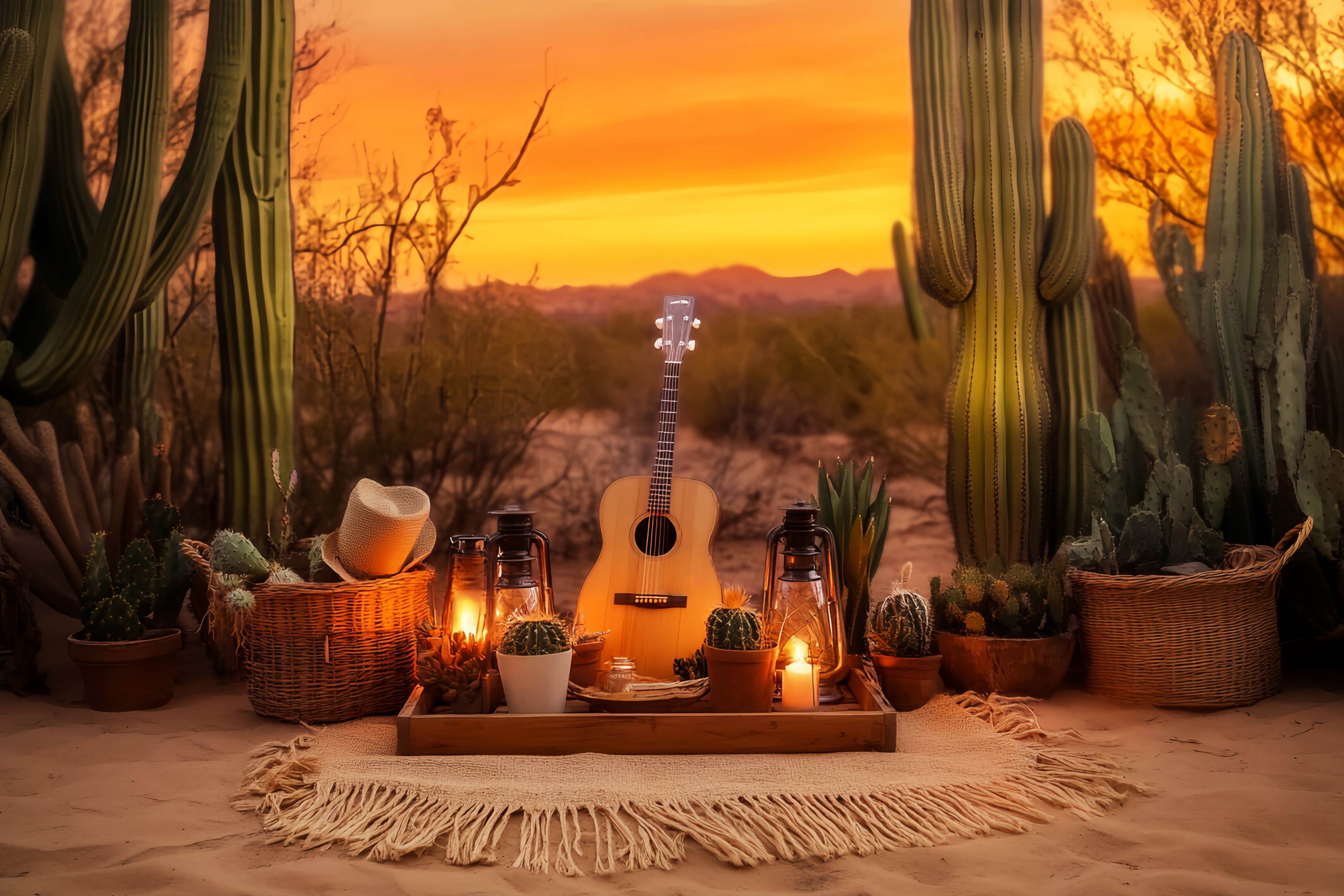 Herbst-Foto Hintergrund Sonnenuntergang Kaktus Picknick Arrangement Cowboy-Foto Hintergrund LXX58-194