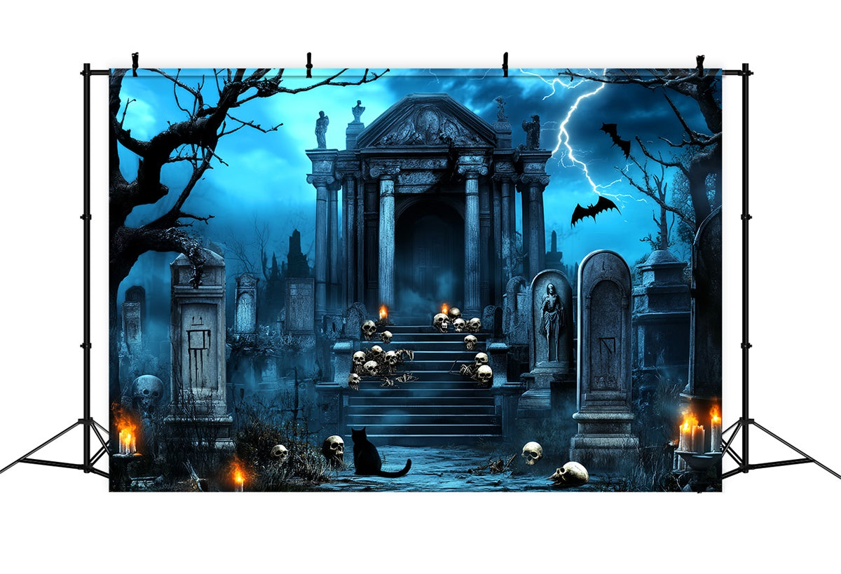 Halloween Friedhof Hintergrund Blitz Totenkopf Gruft Foto Hintergrund LXX58-20