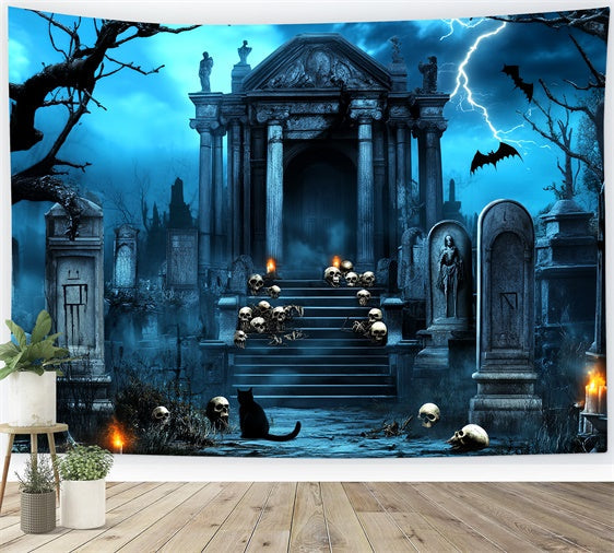 Halloween Friedhof Hintergrund Blitz Totenkopf Gruft Foto Hintergrund LXX58-20