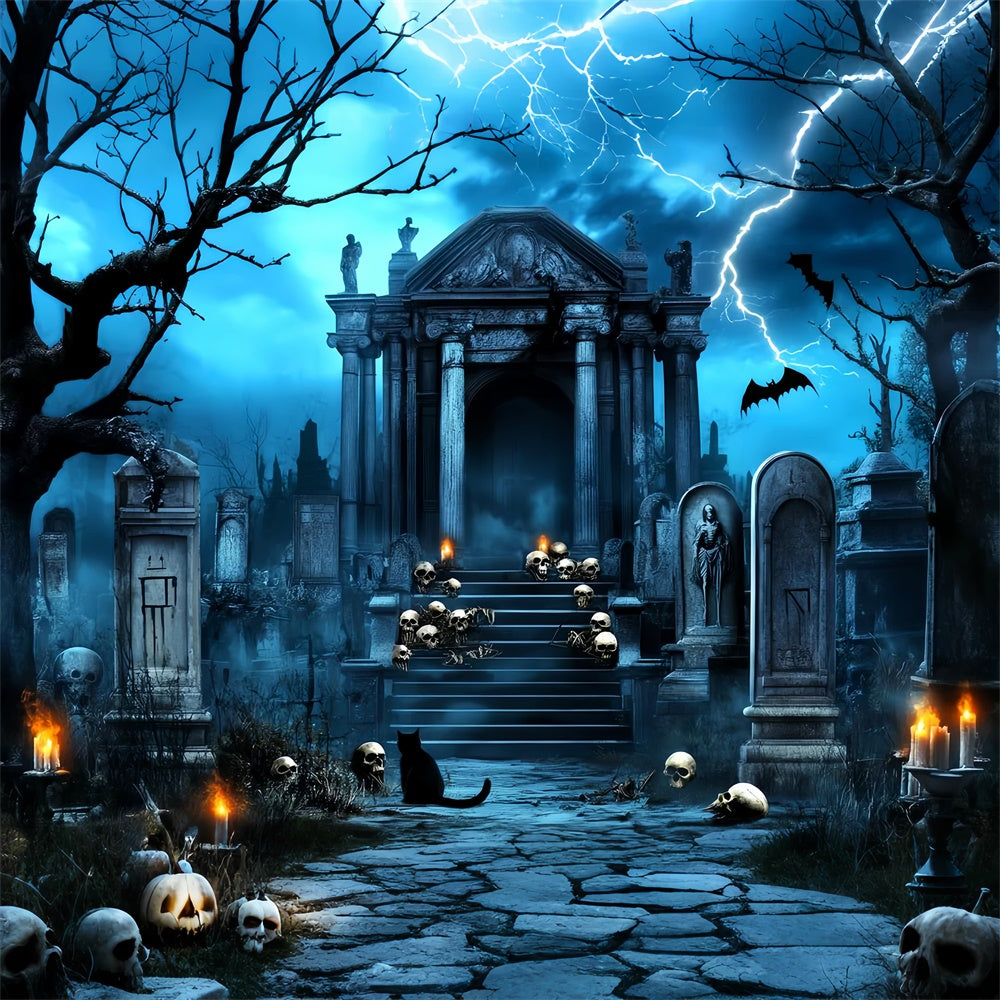 Halloween Friedhof Hintergrund Blitz Totenkopf Gruft Foto Hintergrund LXX58-20