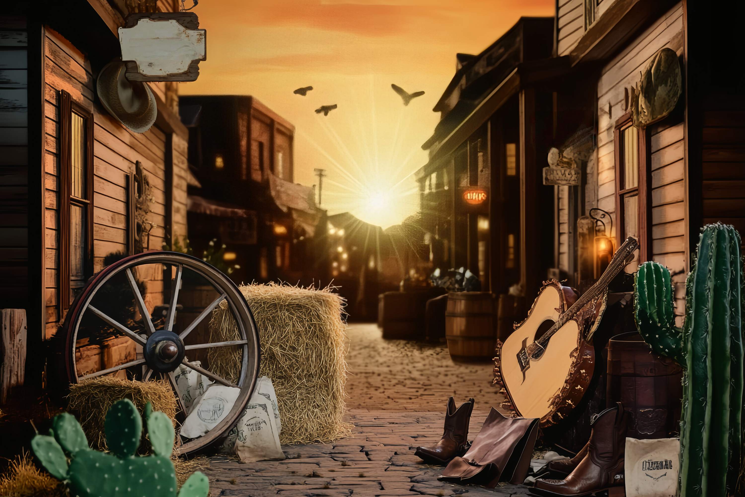Herbst-Foto Hintergrund Sonnenuntergang Western Straße Gitarre Cowboy Foto Hintergrund LXX58-204