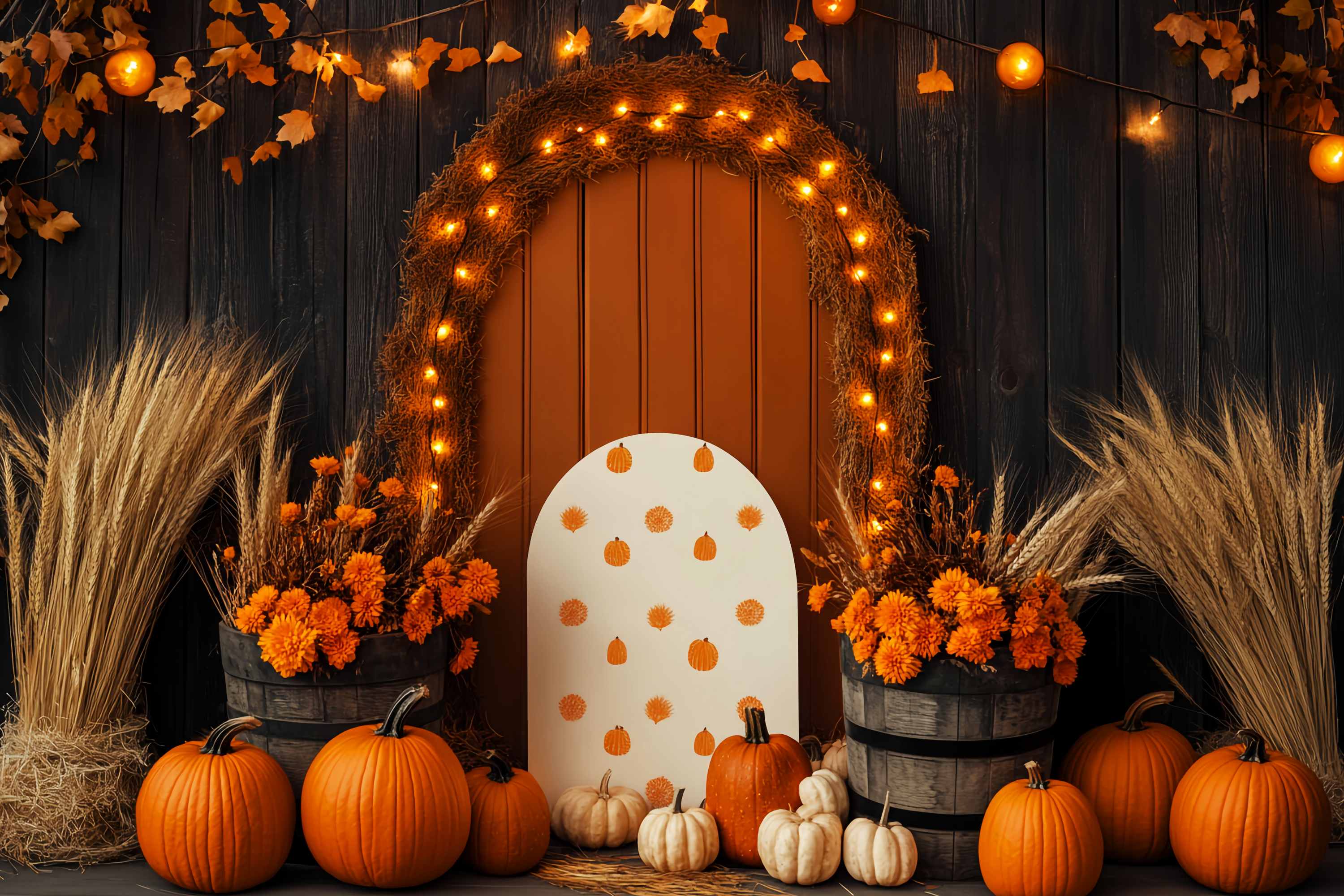 Herbst-Foto Hintergrundbilder Kürbisbogen Weizen Blumendekor Thanksgiving-Foto Hintergrundbilder LXX58-210
