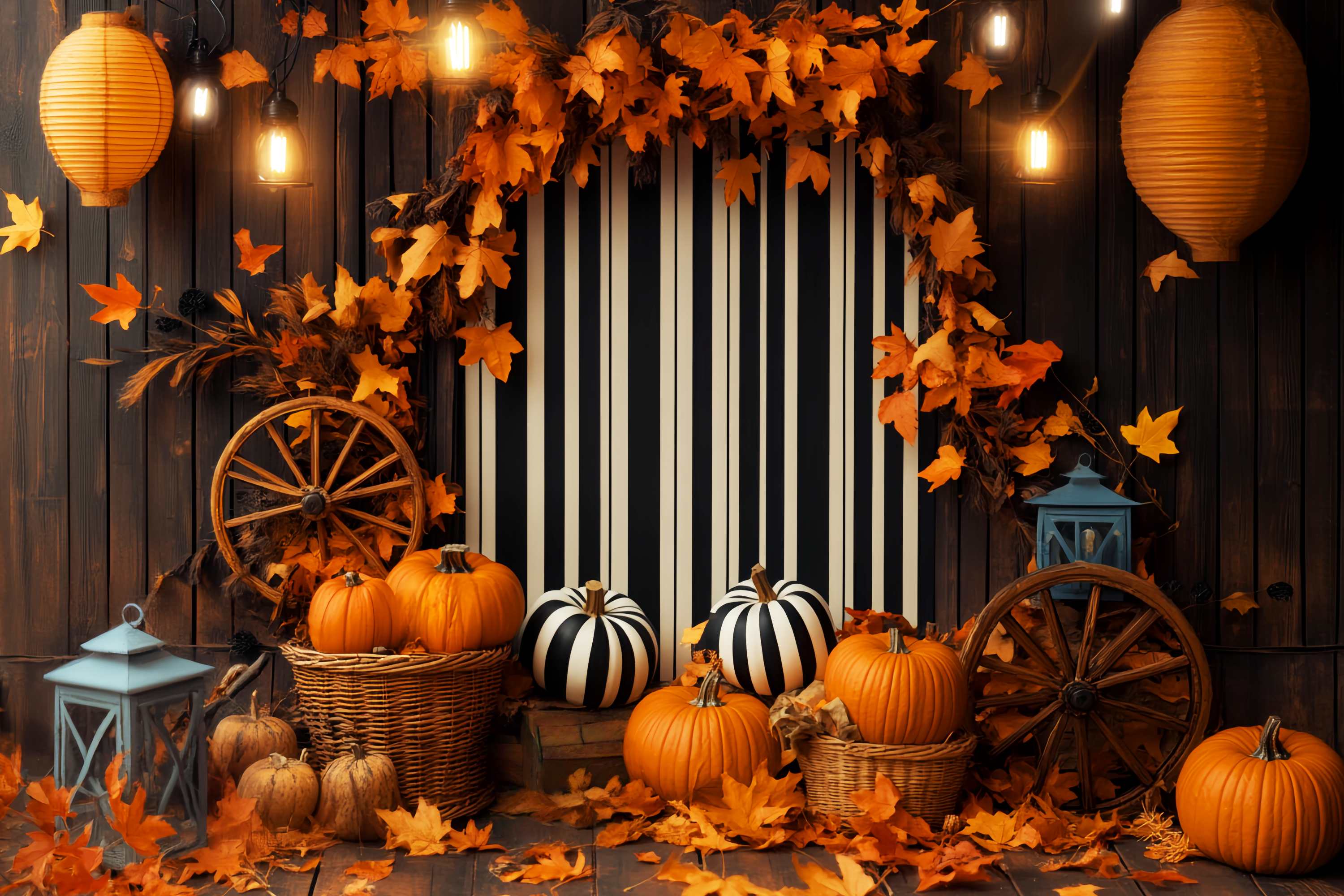 Herbstkulissen Gestreifte Kulisse Kürbis Laterne Display Thanksgiving Kulisse LXX58-211