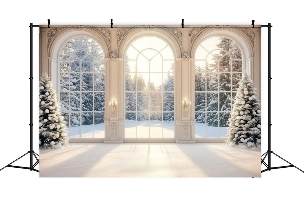 Winter-Fenster-Fotohintergrund verschneiter Winterwald Bäume Winter-Fotohintergrund LXX58-235