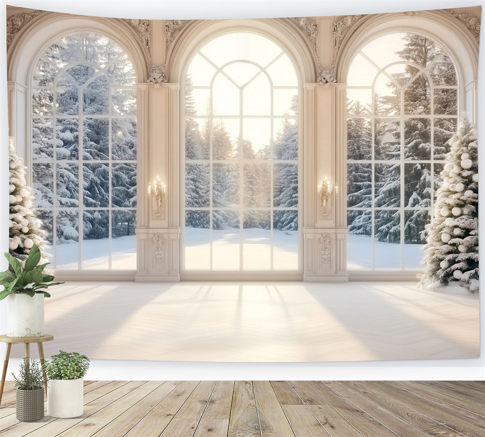 Winter-Fenster-Fotohintergrund verschneiter Winterwald Bäume Winter-Fotohintergrund LXX58-235