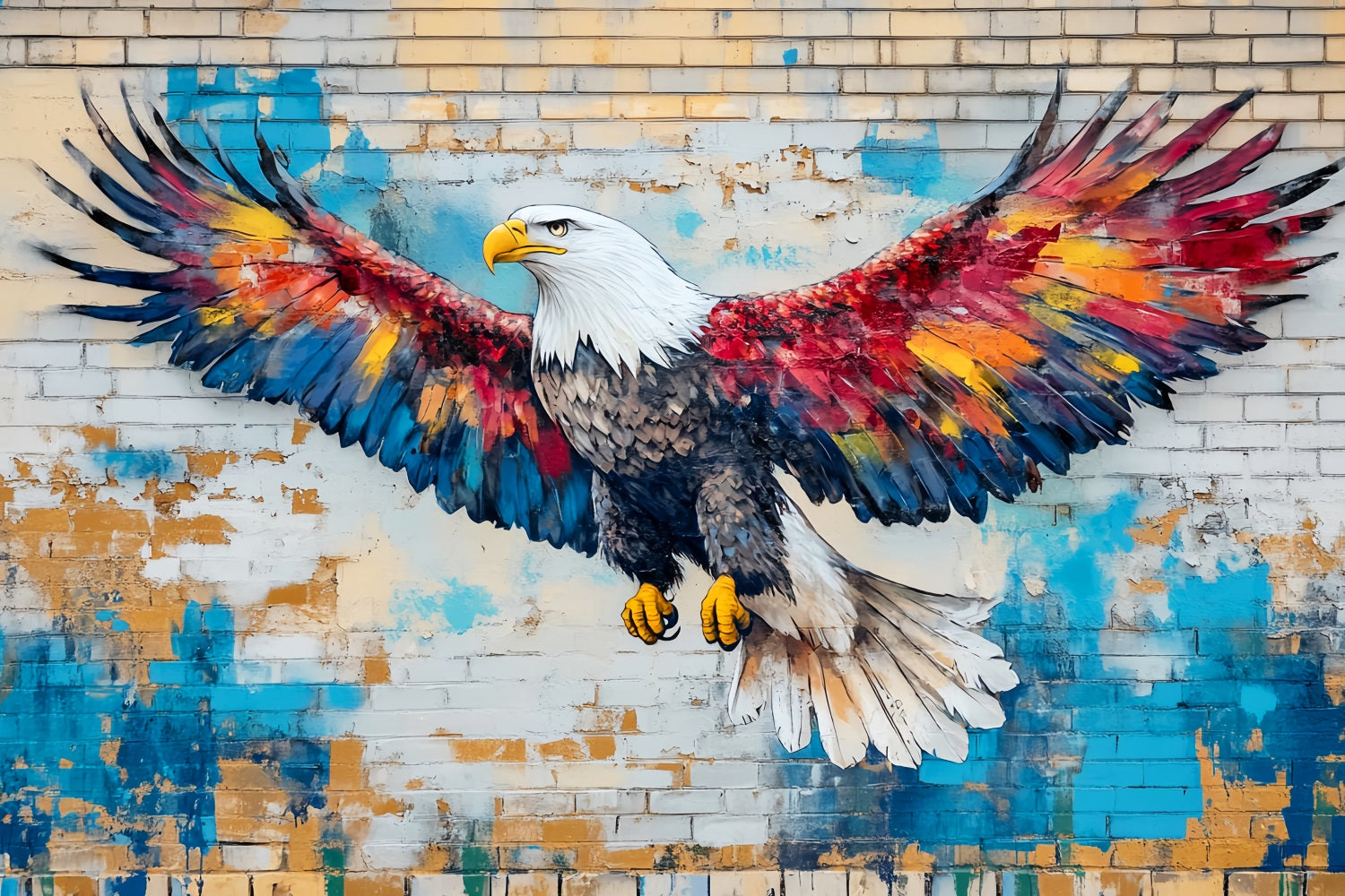 Graffiti-Wand mit fliegendem Adler und gemalten Federn Graffiti-Fotohintergrund LXX58-258