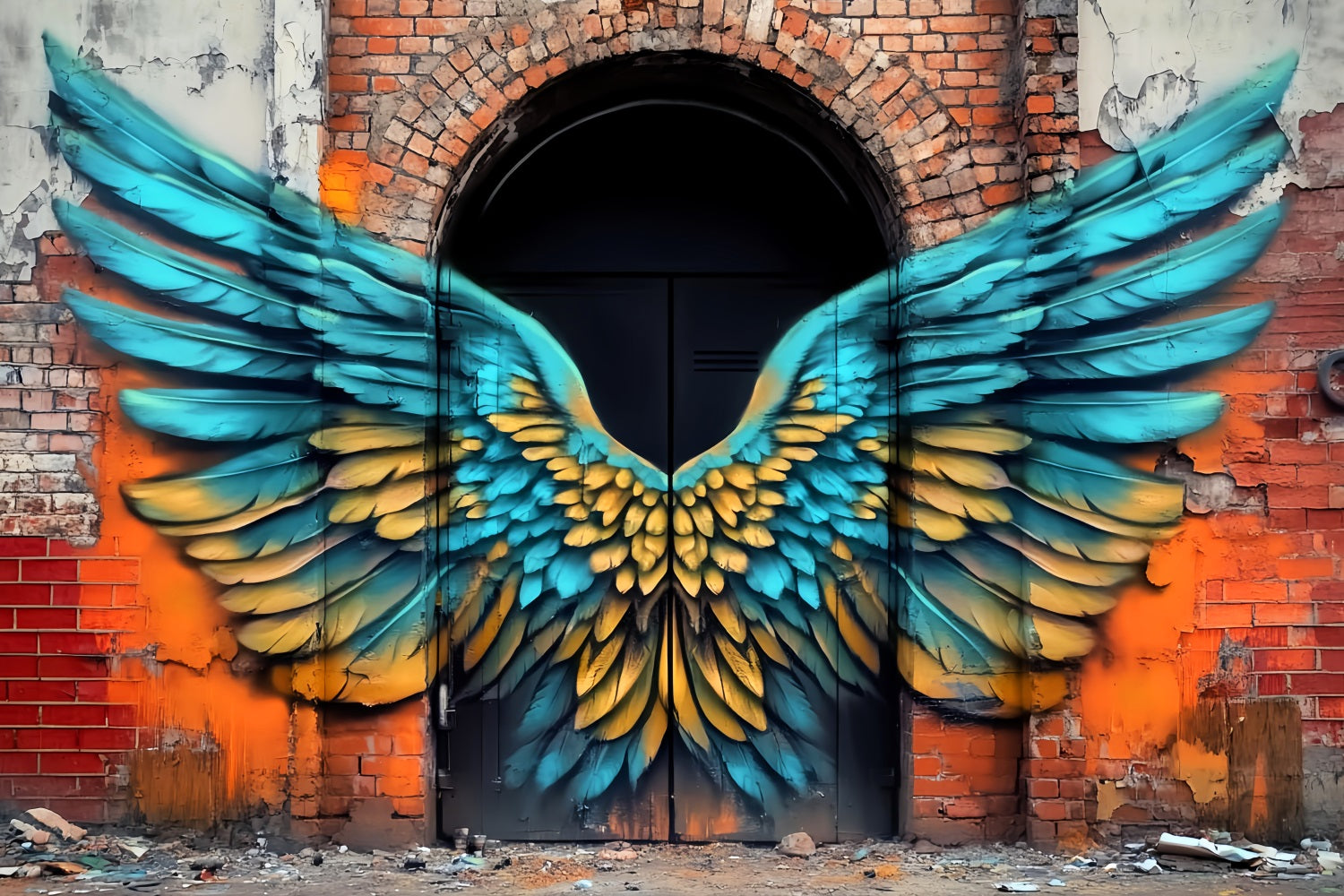 Graffiti-Wand Blau Gelb Engelsflügel Graffiti Foto Hintergrund LXX58-260