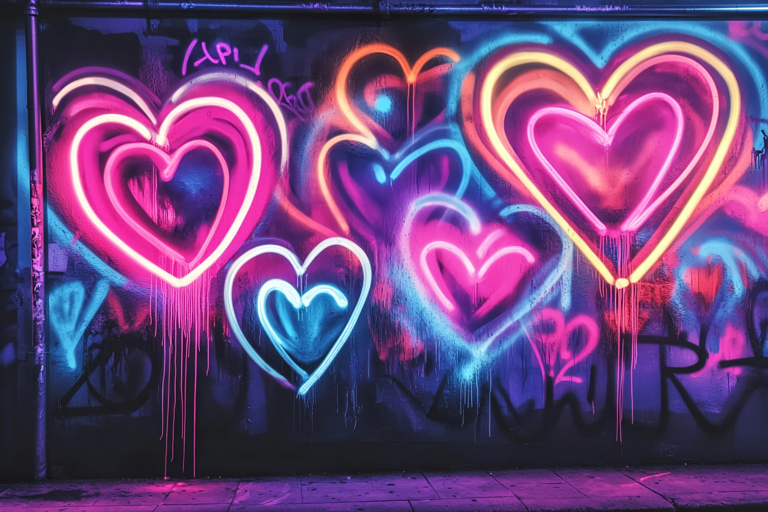 Graffiti-Wand Neon Leuchtende Herzformen Graffiti Foto Studio Hintergründe LXX58-262