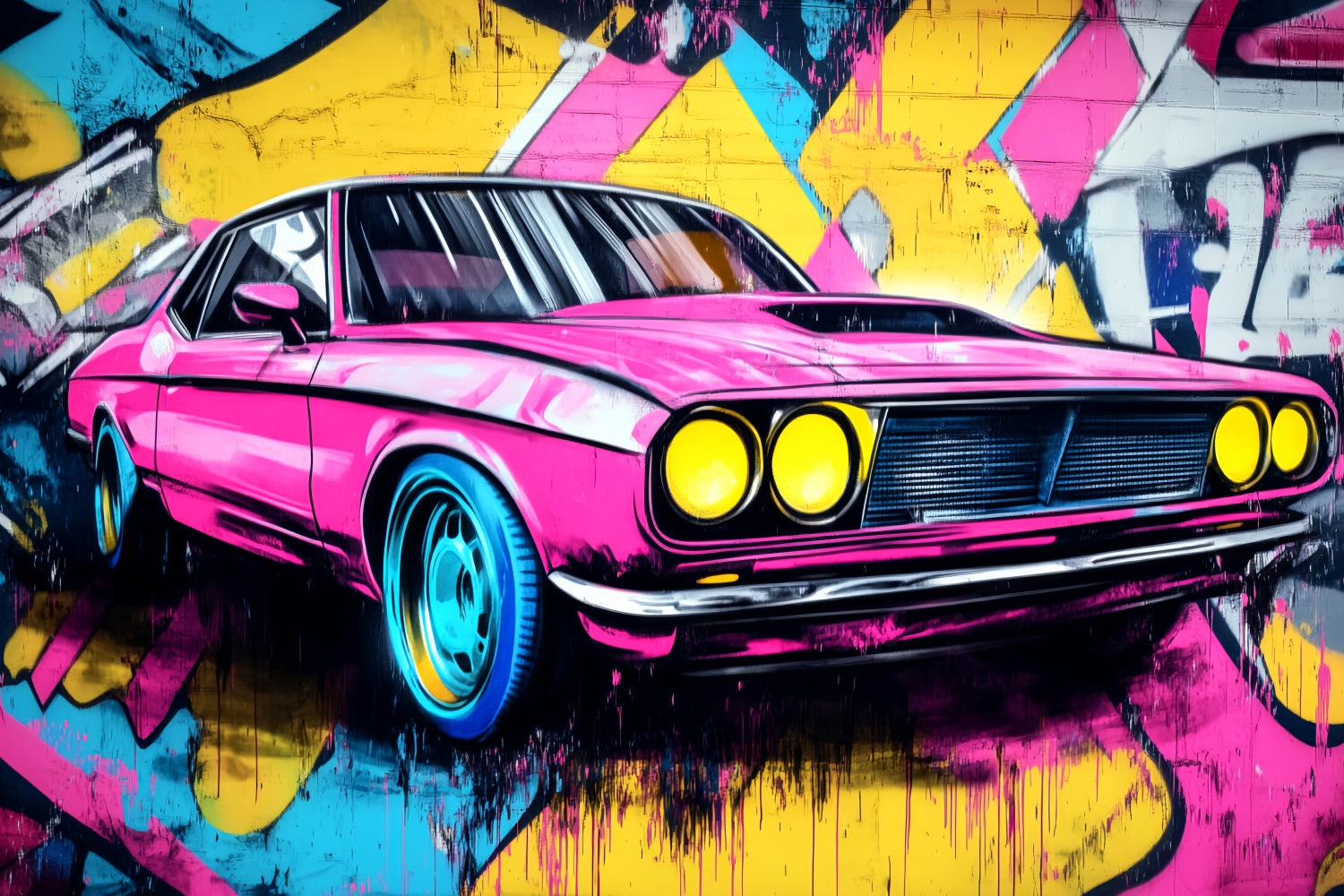 Graffiti-Wand Graffiti Neonpink Muscle Car Graffiti Foto Hintergrund LXX58-265