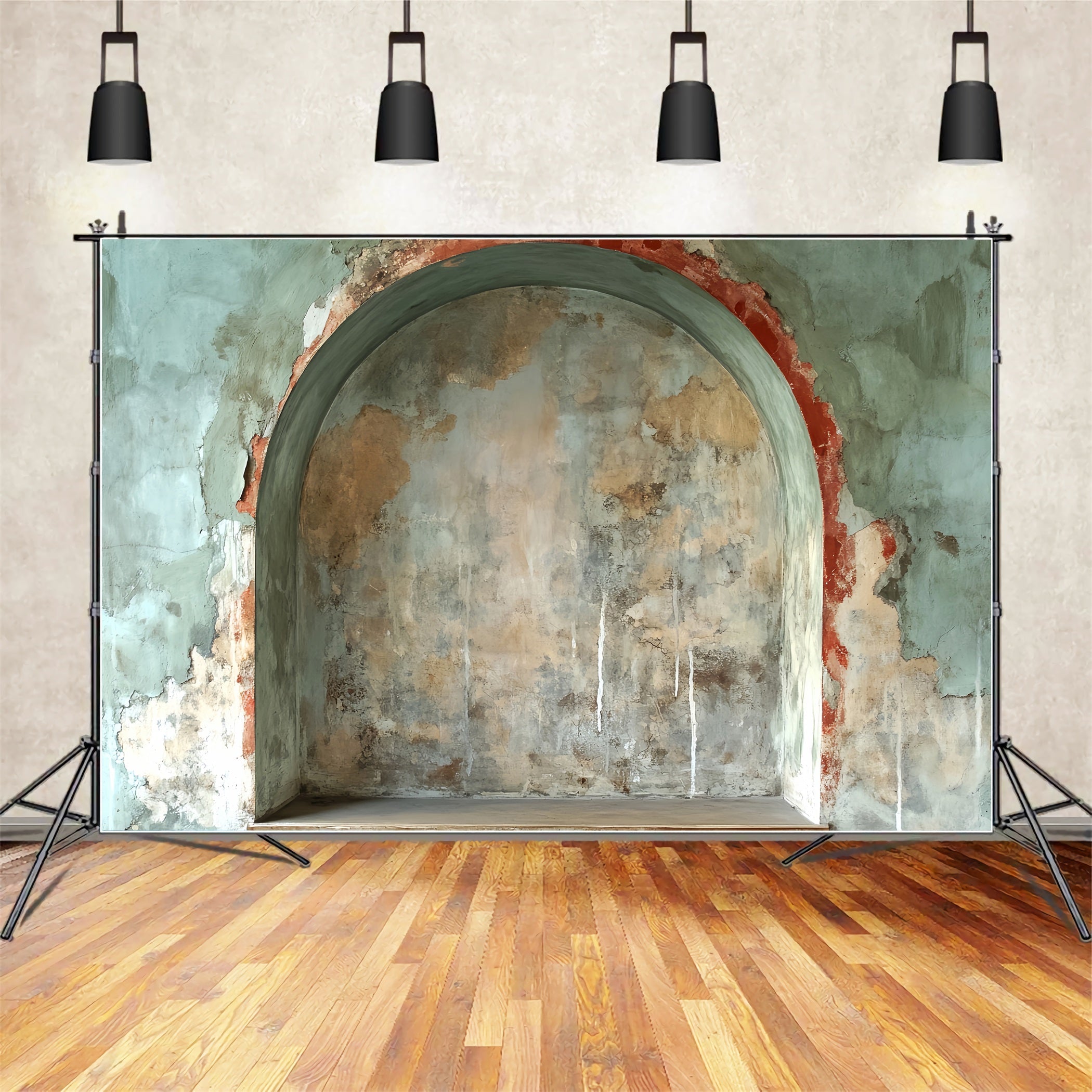 Bunte Graffiti-Wand mit zerbrochenem Bogen Wand mit alter Bogenstruktur Graffiti Studio Hintergründe LXX58-267