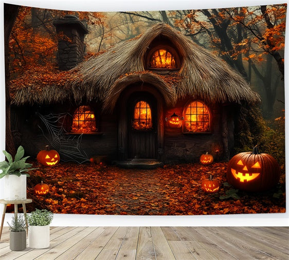 Spukhaus Hintergrundkulisse Gespenstische Waldhütte Foto Hintergrund LXX58-27