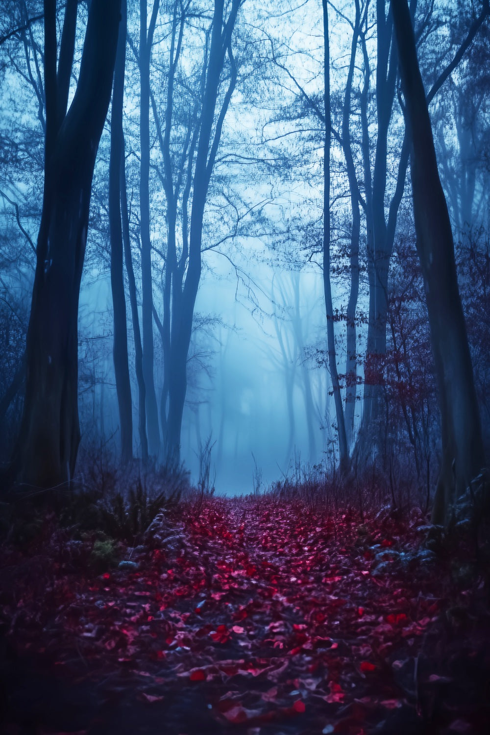 Gruseliger Wald mit purpurrotem Pfad, nebliger Wald, Wald-Foto Hintergrund LXX58-271