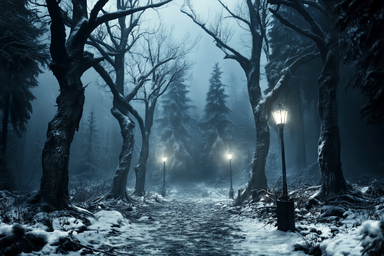 Winterlicher verschneiter Wald Verschneiter Weg Laternenlicht Wald-Foto Hintergrund LXX58-274