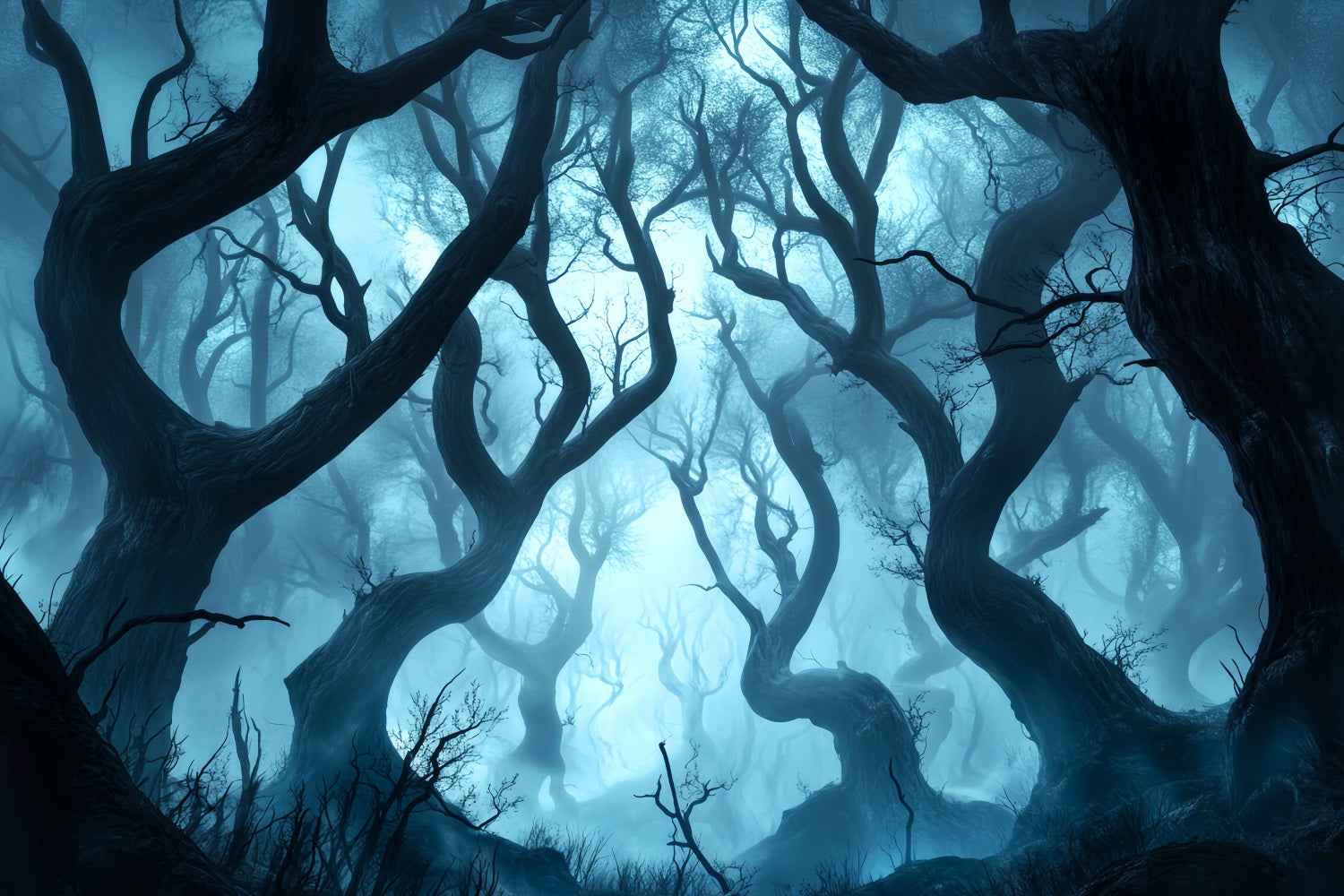 Dunkler, unheimlicher Wald mit verdrehten Bäumen und blauem Nebel Waldkulisse LXX58-280