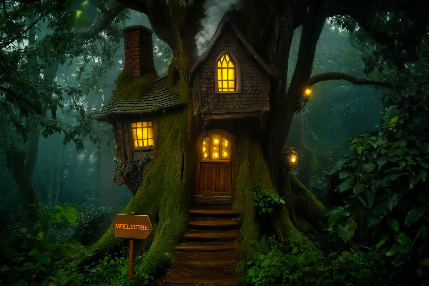 Dunkler, unheimlicher Wald mit skurriler Baumhütte und Laternenlicht Gruselige Waldkulisse LXX58-283