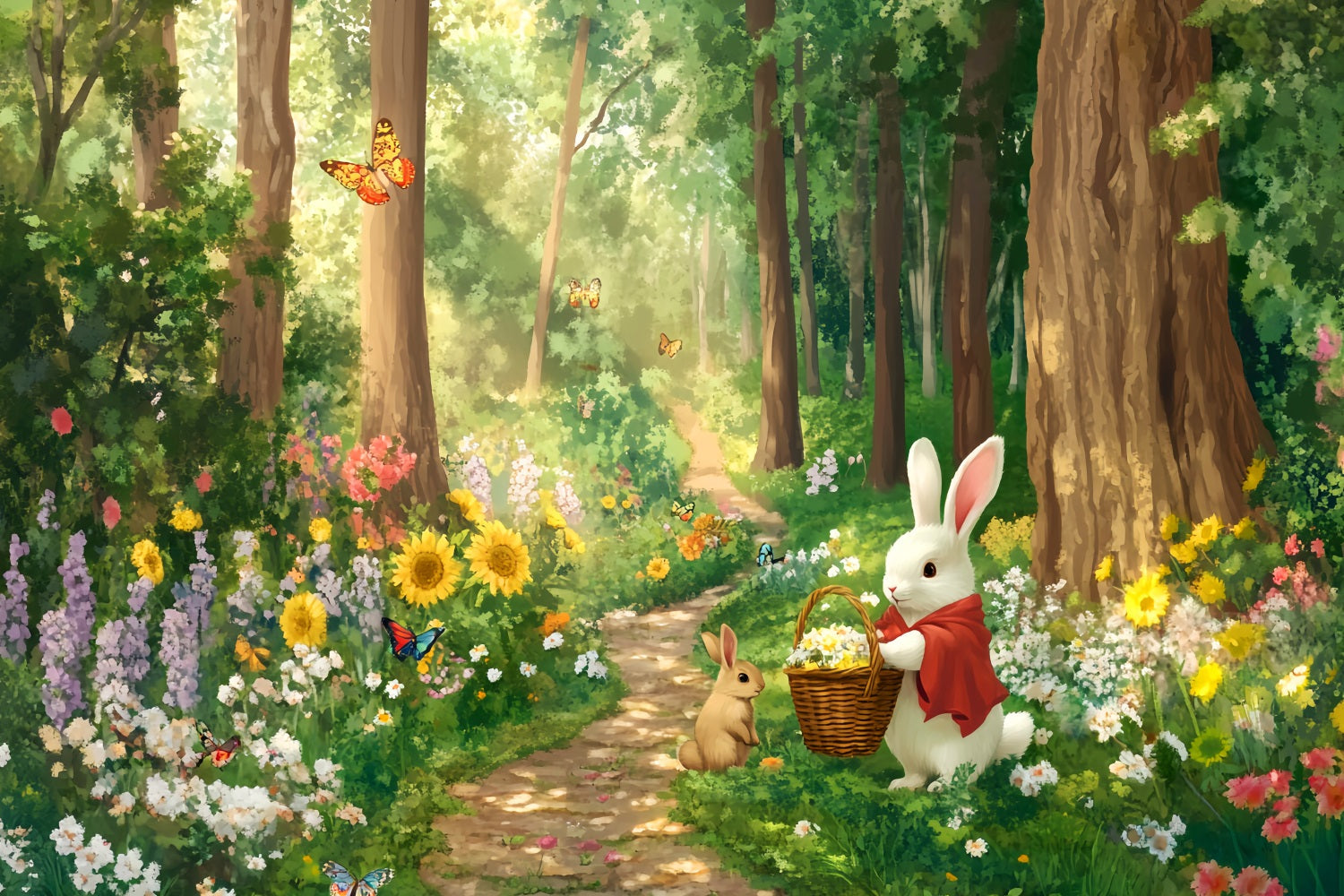 Magischer Wald Sonnenblumenwiese Hasenversammlung Verzauberter Wald Foto Hintergrund LXX58-287
