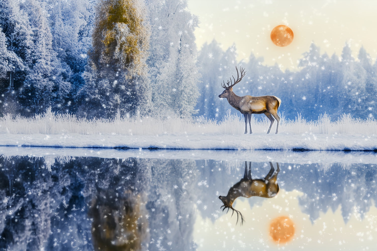 Verzauberter Wald Schneefall Hirsch Sonnenaufgang Reflexion Magischer Wald Foto Hintergrund LXX58-289