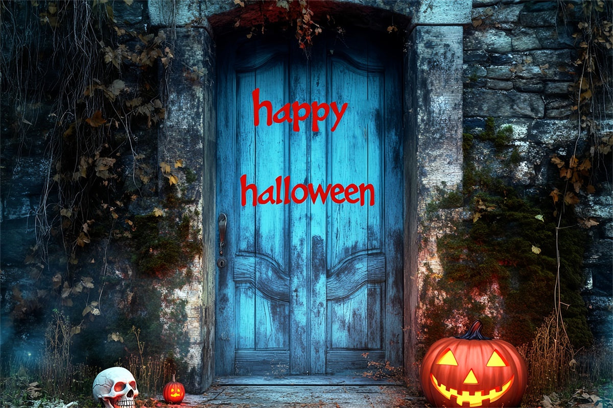 Halloween Fotohintergrund Spukhaus Blauer Türhintergrund LXX58-29