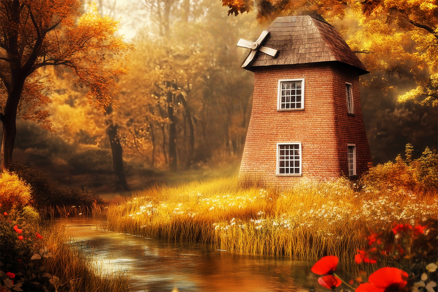 Herbstwald Herbstwindmühle Goldener Fluss Fantasiewald-Foto Hintergrund LXX58-295