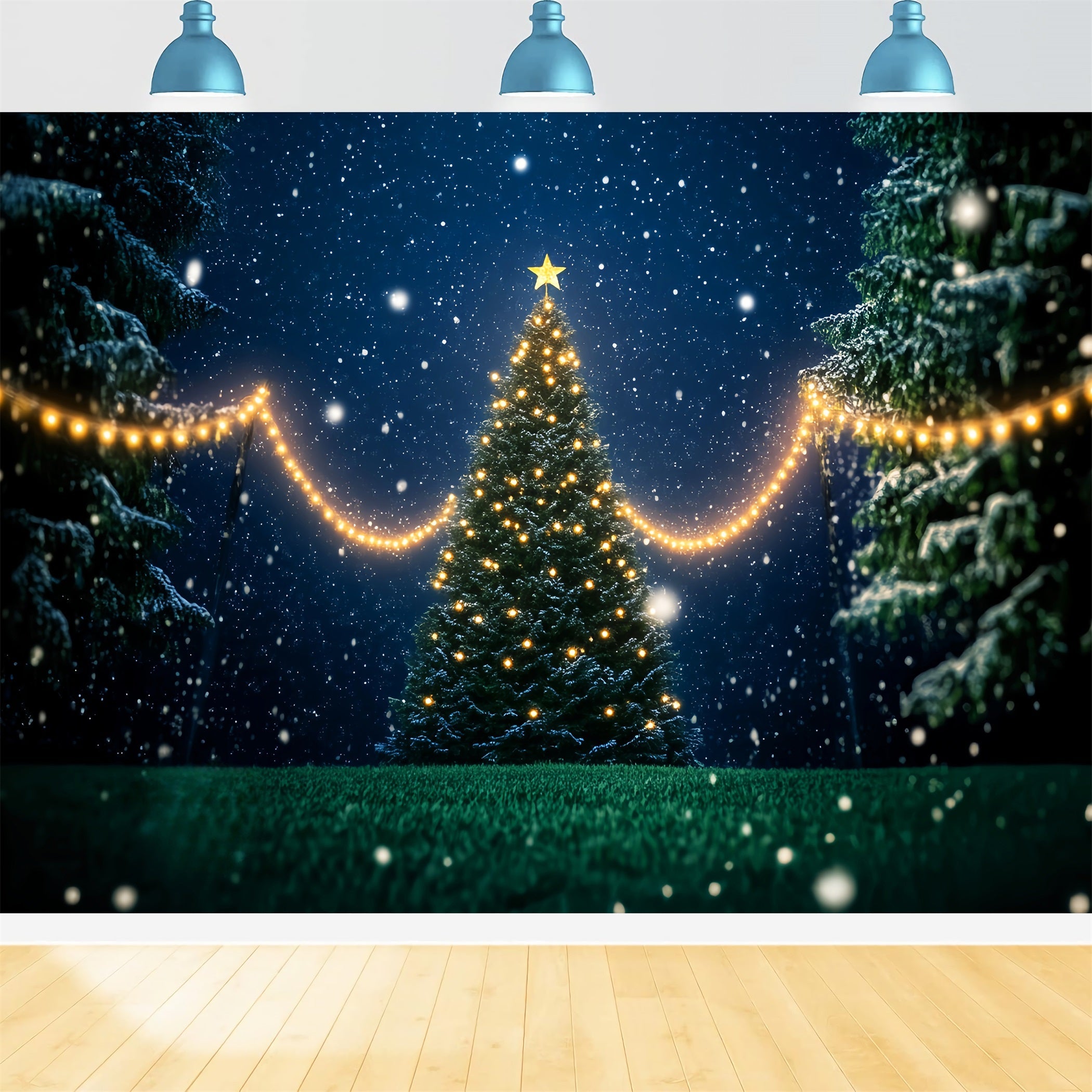 Nachtwald Verschneite Weihnachtsbaumlichter Verschneiter Wald-Foto Hintergrund LXX58-302