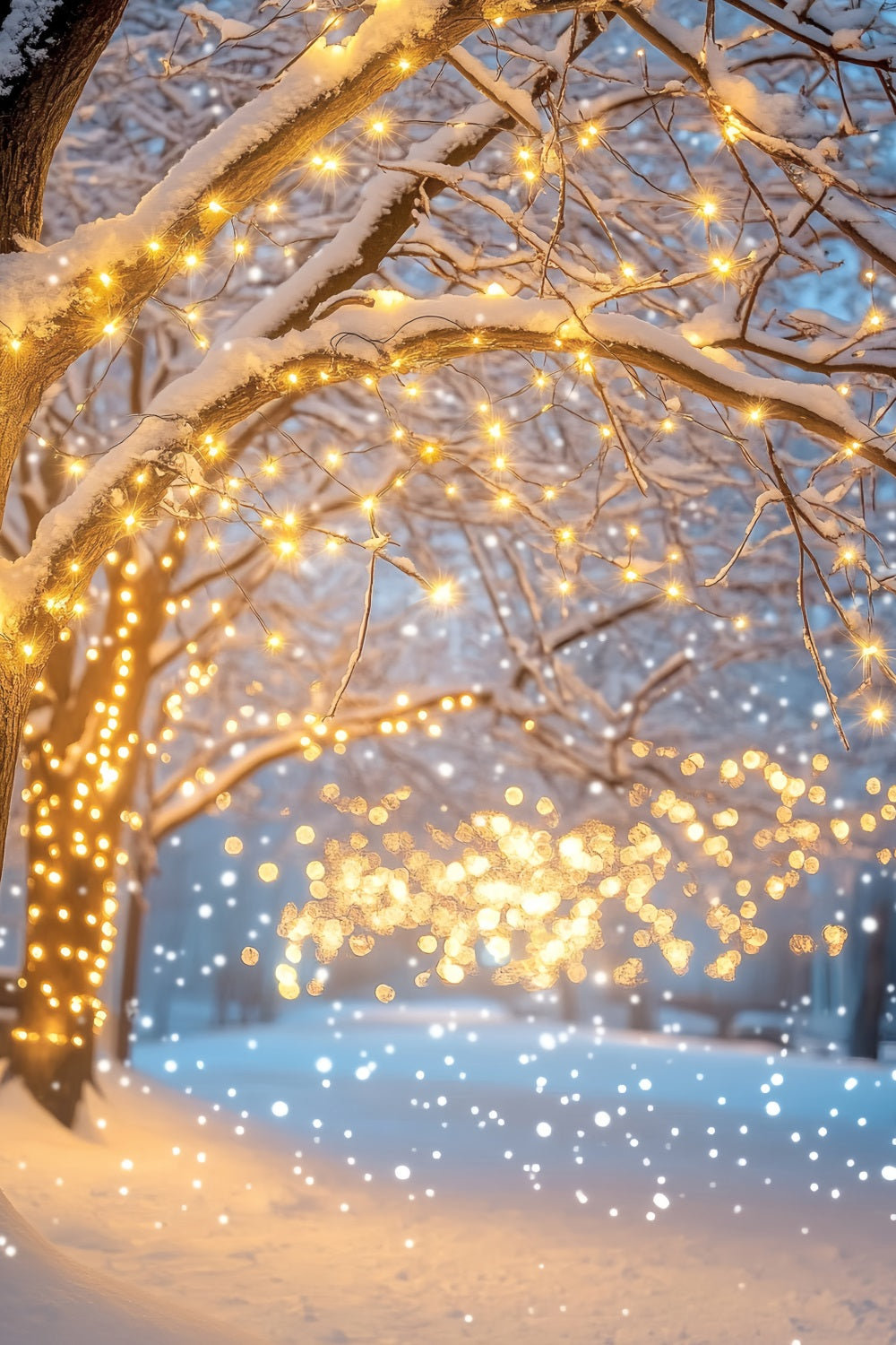 Nachtwald Verschneiter Weg Goldene Lichter Winterwald Foto Hintergrund LXX58-305