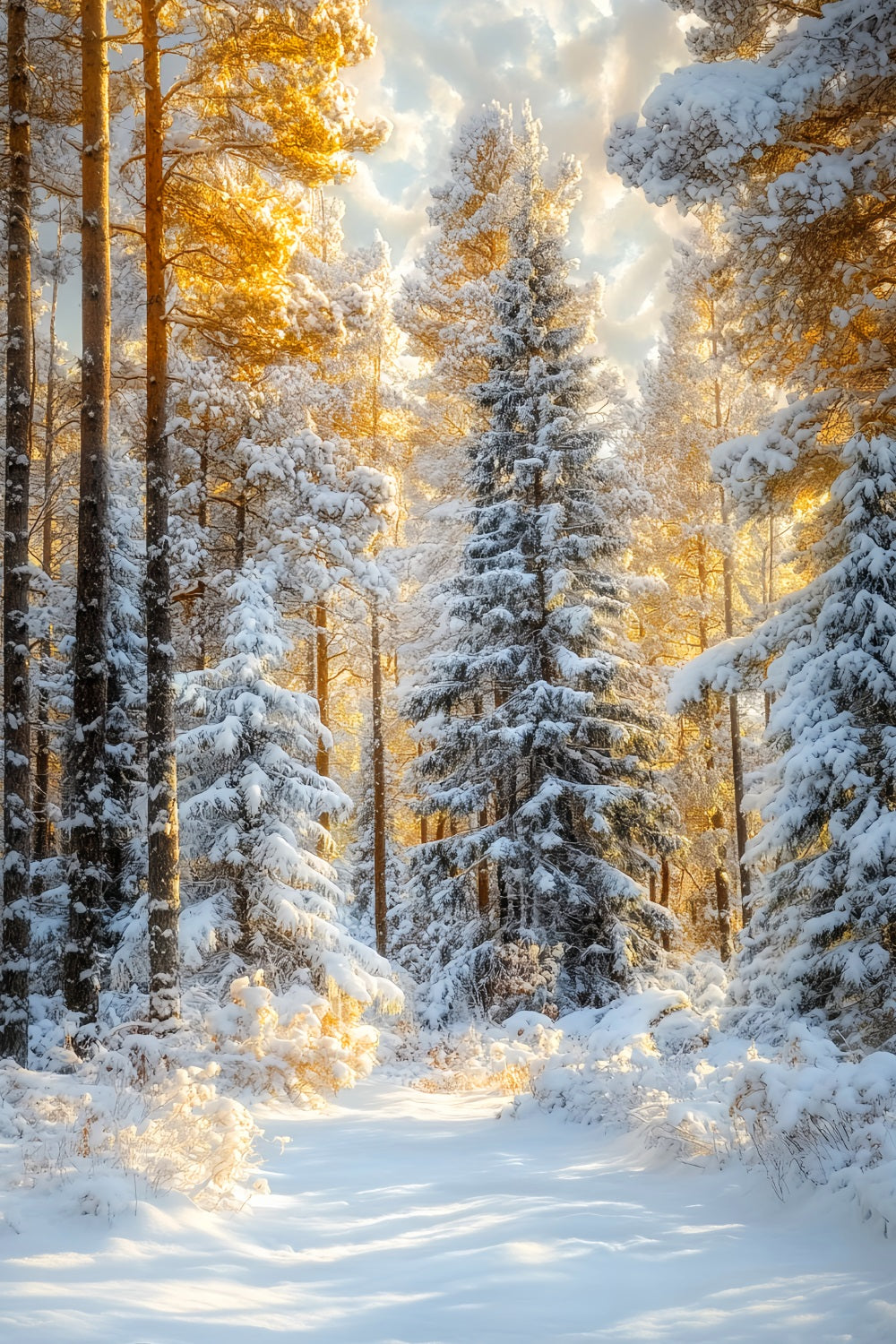 Weihnachtskiefernwald Frostige Bäume Goldener Schein Waldfotografie-Foto Hintergrund LXX58-309