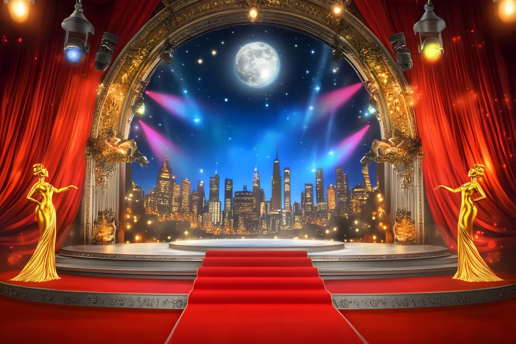 Oscar-Foto Hintergrund Goldene Bühne Mondschein Skyline Bühne Roter Teppich Foto Hintergrund LXX58-317