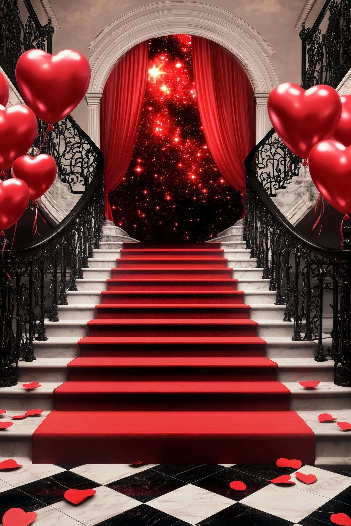 Oscar-Foto Hintergrund Romantische Treppe Herzballons Roter Teppich Bühnen Foto Hintergrund LXX58-319