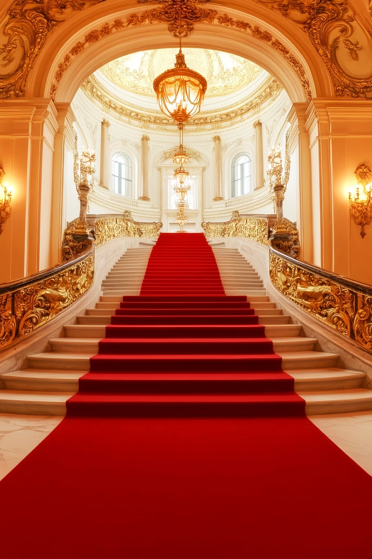 Roter Teppich als Foto Hintergrund Königlicher goldener Kronleuchter Treppenhaus-Bühnen Foto Hintergrund LXX58-334