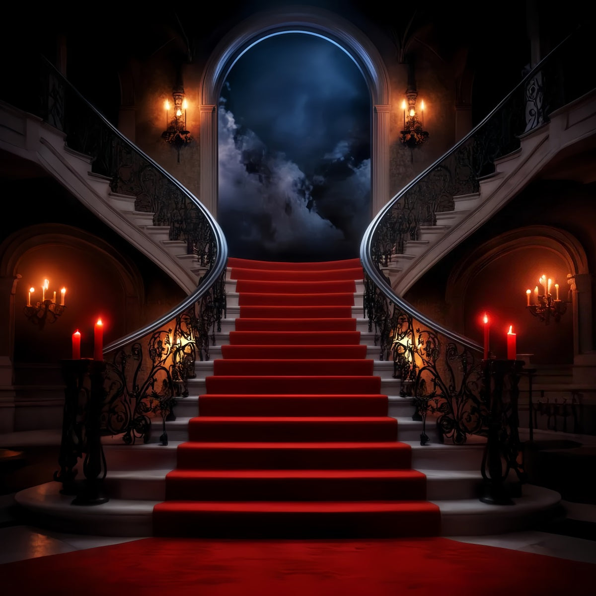 Roter Teppich-Foto Hintergrund Mystische mondbeschienene Treppe Herrenhaus Bühnen Foto Hintergrund LXX58-339