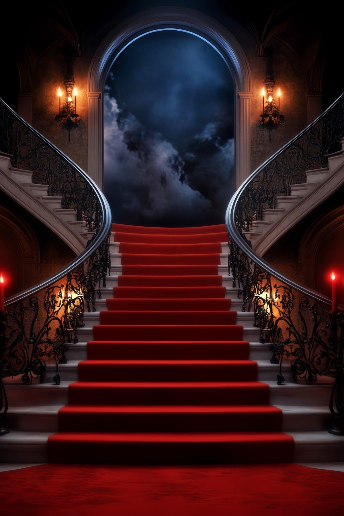 Roter Teppich-Foto Hintergrund Mystische mondbeschienene Treppe Herrenhaus Bühnen Foto Hintergrund LXX58-339