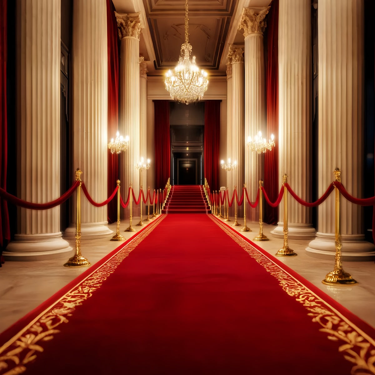 Roter Teppich-Foto Hintergrund Große Halle Kronleuchter Glanz Bühne Foto Hintergrund LXX58-341